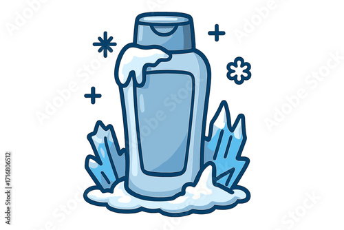 Cooling menthor conditioner or shampoo bottle with ice and snow. Vector icon for hair care cosmetics. Refreshing cold effect product concept for winter hygiene and beauty.