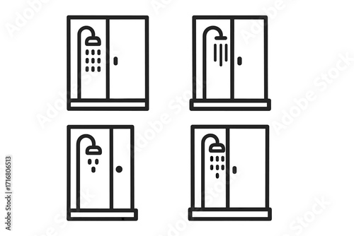 Shower cabin line icon set. Minimalist shower stall and cubicle vector icons. Modern bathroom outline symbol collection for web. Simple hygiene, washing, and bath illustrations.
