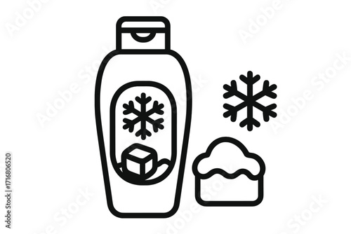 Cooling conditioner outline icon. Shampoo bottle with ice and snowflake. Refreshing menthol cosmetic product. Winter hair care vector illustration for web, apps, and ads.