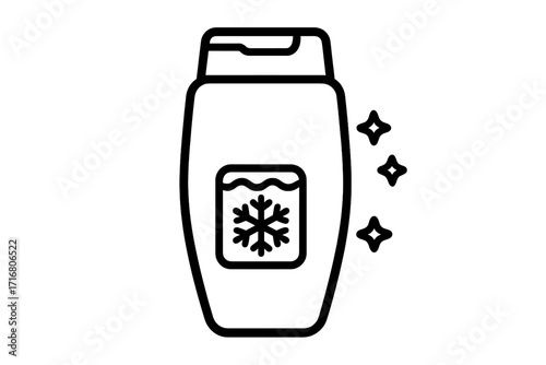 Cooling shampoo conditioner outline icon. Menthol fresh shower gel symbol. Winter hair care product with snowflake. Vector line art illustration for cosmetics and beauty.