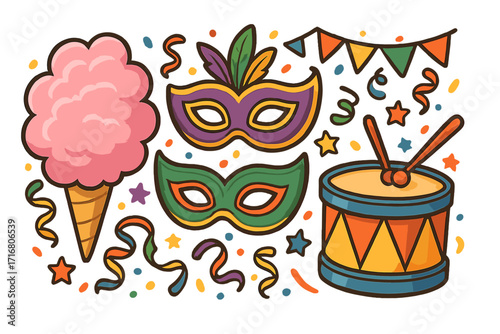Carnival party elements set with mask, drum, and cotton candy. Vector cartoon illustration for festival celebration. Mardi Gras parade icons with confetti and streamers.