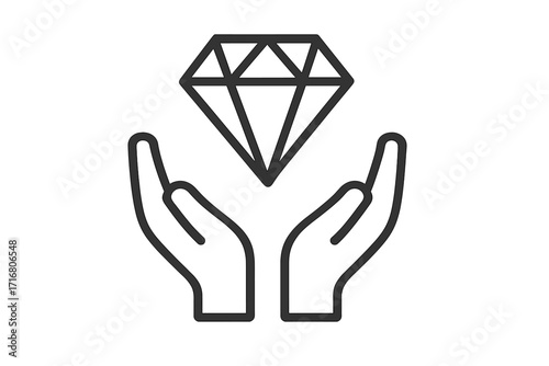 Diamond in hands line icon. Concept of value, quality, and wealth. Symbol for premium service, asset protection, and treasure. Vector logo for jewelry, finance, or insurance.