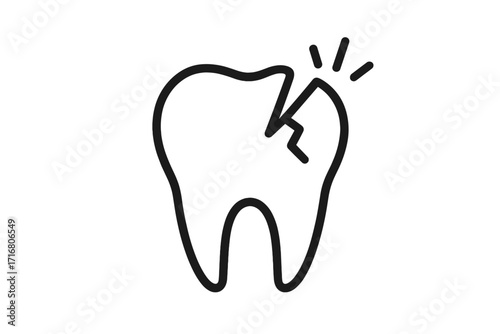 Cracked tooth line icon for dental problems. Broken tooth concept for toothache, pain, decay, damage, and caries. Dentistry, oral hygiene and health care vector symbol.