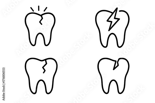 Cracked tooth and toothache icon set. Dental problems and pain outline symbols. Vector illustration for dentistry, stomatology, web design, apps, and infographics. Caries, decay, and damage concept.