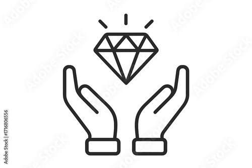 Hands with diamond line icon. Symbol of value, quality, wealth, success. Concept for premium service, luxury, precious gift. Represents care, an offer, core values, integrity, ethics.