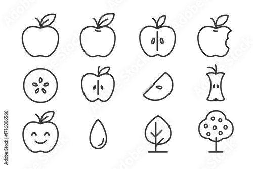 Apple fruit thin line icon set vector illustration. Collection of simple outline icons: whole, half, sliced apple, core, seed, and tree. Healthy food pictogram. Editable stroke.