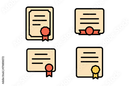 Diploma certificate color icon set. Graduation award, success achievement and degree qualification vector pictogram. Education document, license or patent symbol with seal.