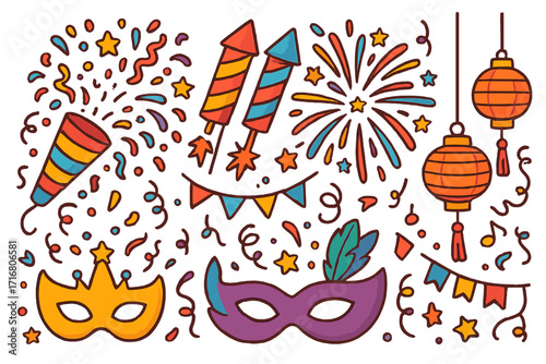 Party celebration vector elements set. Colorful cartoon doodle icons for festive design. Firework, popper, confetti, carnival mask, Chinese lantern, garland for New Year.