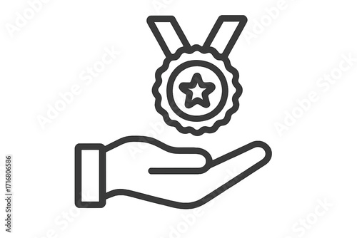 Hand holding medal icon. Award, prize, and recognition symbol. Concept of achievement, success, and victory. Quality guarantee sign. Best choice, winner, first place vector.