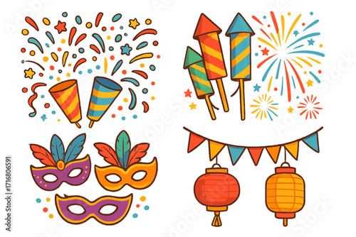 Festive party elements set with confetti popper, firework rocket, carnival mask, and paper lantern. Vector doodle collection for celebration, new year, or birthday design.
