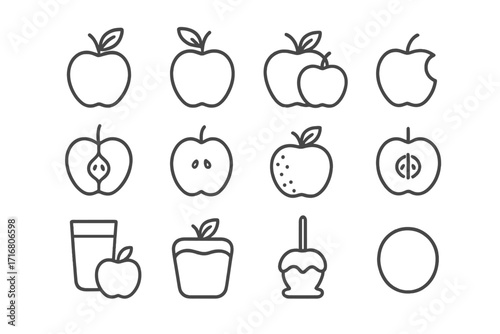 Apple fruit thin line icon set. Vector collection of whole apple, slice, core, seeds, and bite mark. Includes juice, candy apple and pie. Editable stroke graphic elements.