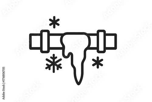 Frozen pipe outline icon. Winter plumbing problem, cold weather damage concept. Burst water pipe with icicle symbol. Vector line art for emergency, heating, repair service.