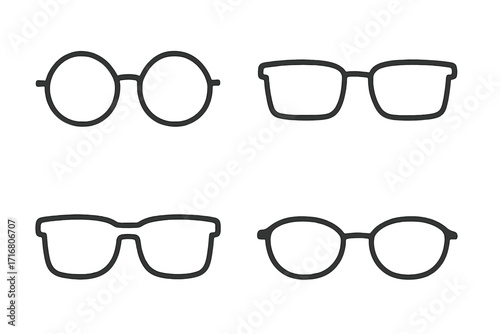 Minimalistic eyewear collection with simple outlined glasses designs. Vector icon set of spectacle frames in different styles. Fashion accessory for vision and optician concepts.