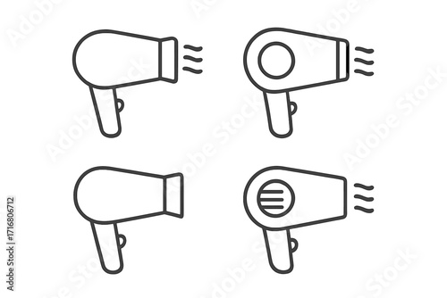 Hair dryer line icon set for beauty and fashion. Blow dryer vector collection. Minimalist outline symbol for salon, hairdresser, stylist, and hair care. Simple blowdry graphic element.