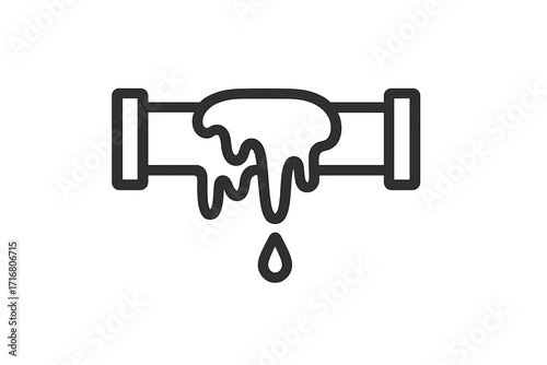Frozen burst pipe, water leak icon. Winter plumbing problem, damaged pipeline concept. Cold emergency, house heating system failure, water damage repair vector symbol.