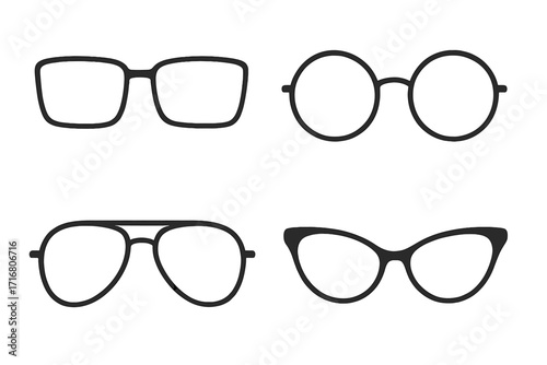 Eyewear collection vector set. Minimalistic outlined glasses design with various frame styles. Fashion accessory icons. Aviator, cat-eye, round and rectangular shapes.