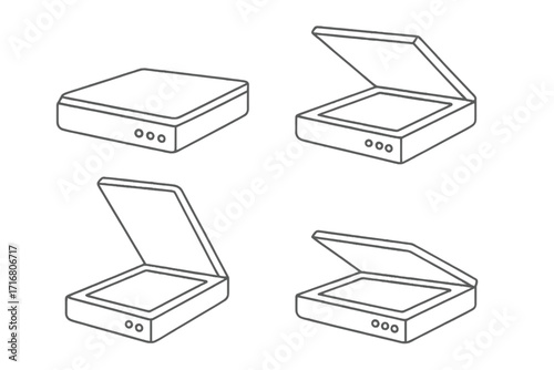 Scanner line art icon set. Office equipment for scanning documents. Open and closed flatbed scanner vector illustration. Minimalistic concept of digitizing and copying.