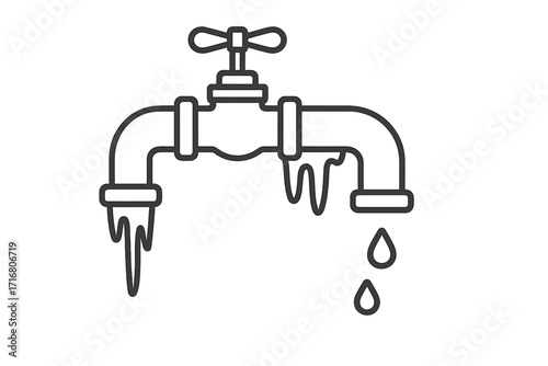 Frozen pipe icon. Burst water pipe with icicles and dripping water drops. Plumbing problem concept. Winter cold weather damage. Leaking faucet line art vector illustration.