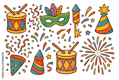 Colorful festive elements for celebration, carnival or party. Vector cartoon illustration set with drum, masquerade mask, fireworks, party hat, popper, and confetti design.