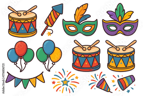 Carnival party celebration vector icon set. Festive elements for holiday and festival design. Collection with drum, Mardi Gras mask, firework, balloon, and confetti popper.