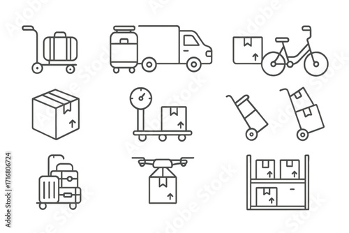 Logistics and shipping icon set. Baggage, parcel transportation, and delivery service thin line icons. Includes truck, drone, warehouse, and luggage vector symbols for web/apps.