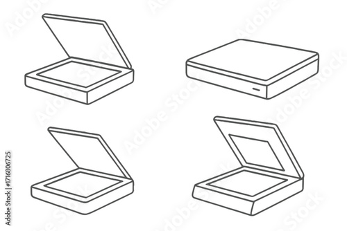 Scanner icon set in minimalist line art style. Vector illustration of office equipment for scanning documents. Open and closed flatbed scanner device collection.