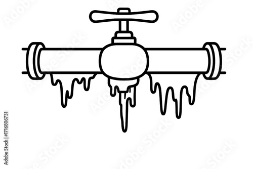 Frozen pipe outline icon. Vector line art of a cold water pipeline with icicles and valve. Concept for plumbing problems, winter damage, home repair, burst pipes, freezing.