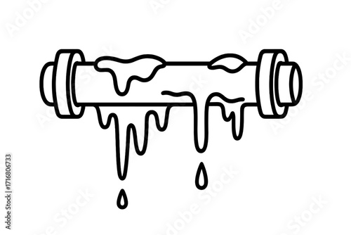 Frozen pipe outline icon. Leaking water pipe with melting ice and water drops. Winter plumbing problem concept. Damaged, burst pipeline illustration for emergency service.