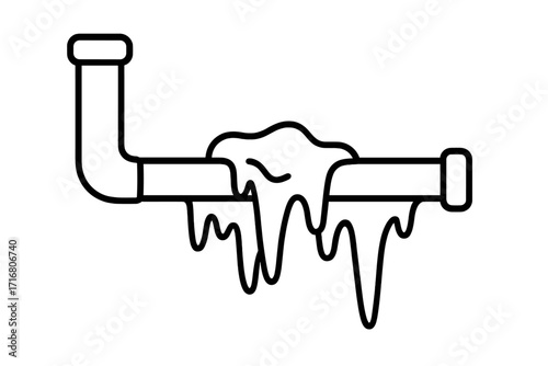 Frozen pipe icon. Burst water pipe with ice and leak. Winter plumbing problem, damage, and repair concept. House heating system failure. Emergency pipeline leakage line art vector.