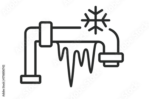 Frozen pipe line icon. Winter plumbing problem with ice and icicles. Cold weather water pipe burst risk concept. Vector illustration for heating and emergency services.