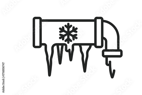 Frozen pipe with icicles and snowflake icon. Winter plumbing problem concept. Cold weather, frost, and freezing water damage. Emergency pipeline repair vector line illustration.