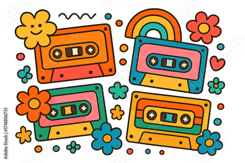 Retro cassette tapes in a groovy 70s cartoon style. Colorful vintage audio music tapes with happy flowers and a rainbow. Nostalgic 80s vector illustration design element.