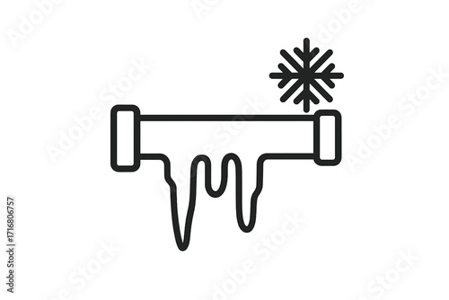 Frozen pipe icon. Winter plumbing problem concept. Water pipe burst, damage. Cold weather, ice, icicle, snowflake. Emergency repair, plumber service. Linear vector symbol.