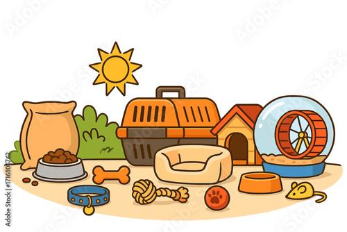 Pet shop supplies collection. Dog and cat accessories set. Food, toys, carrier, collar, kennel, pet bed. Hamster cage. Veterinary care items. Animal welfare concept. Vector.