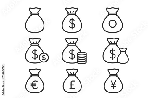 Money bag line icon set. Finance, wealth, savings symbol. Cash sack with dollar, euro, pound, yen currency signs. Bank profit, investment and payment pictogram collection.