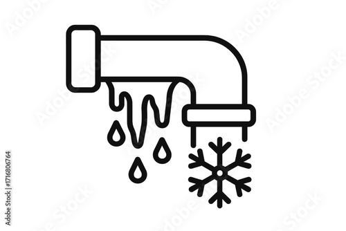 Frozen pipe linear icon. Burst pipe with leaking water and icicles. Winter plumbing problem. Cold weather damage and home repair service concept. Vector outline symbol.