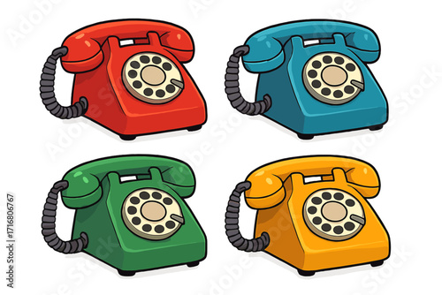Colorful collection of classic rotary telephones. Retro vector cartoon illustration. Vintage communication device set. Old style phone icons in vibrant colors isolated.