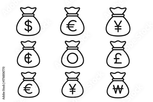 Money bag line icon set with world currency symbols. Finance and banking vector pictograms. Dollar, euro, yen, pound signs. Editable stroke for infographics and web design.