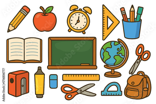 Set of school supplies and educational tools. Back to school concept with cartoon vector icons. Essentials for students like book, pencil, globe, chalkboard, and backpack.