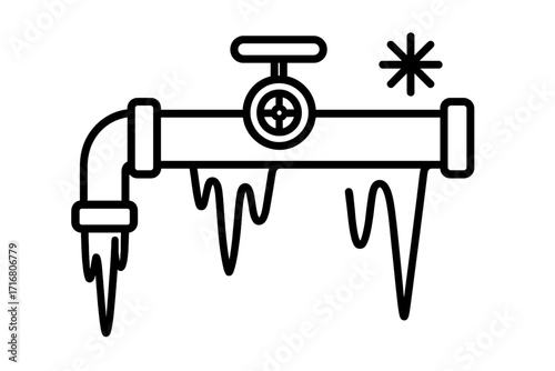 Frozen pipe with icicles line icon. Winter plumbing problem, burst pipe risk concept. Water pipe freeze damage. Heating system emergency symbol. Cold temperature vector.