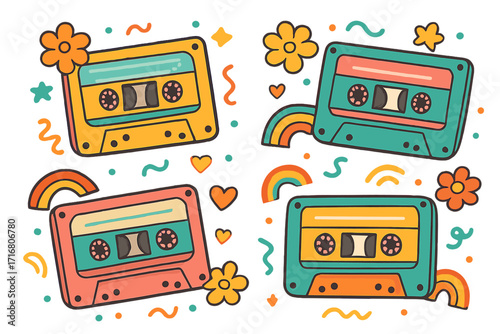 Retro groovy cassette tapes set. Nostalgic 70s 80s music vibes. Colorful vintage audio tape with flowers, rainbows. Vector cartoon clipart sticker pack for design elements.