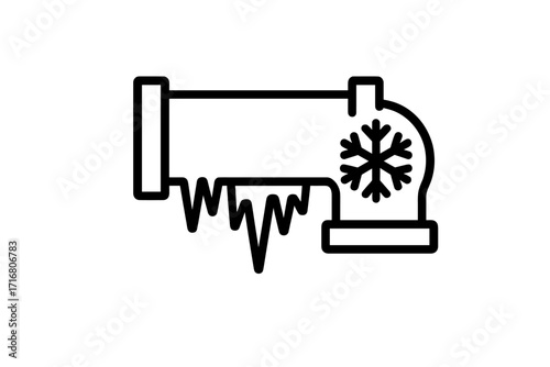 Frozen pipe icon. Plumbing problem symbol with water pipe, icicles and snowflake. Winter cold weather damage risk. Burst pipes and heating system failure vector line art.