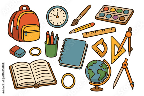 Big set of school supplies. Back to school concept with backpack, globe, book, notebook, ruler. Education icons collection for students. Vector cartoon illustration flat design.
