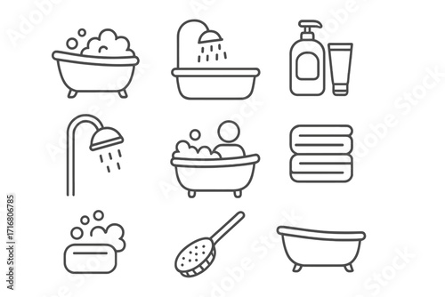 Bathroom line icon set. Bathtub, shower, and soap vector collection. Hygiene, spa, and personal care symbols. Cleanliness and washing outline icons for web and apps. Editable stroke.