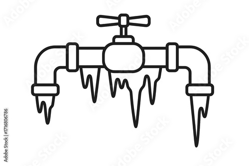 Frozen pipe with icicles outline vector icon. Winter plumbing problem, cold weather damage, burst pipe risk, water supply emergency, heating system failure concept design.