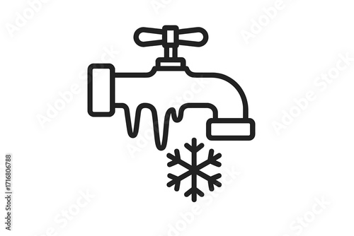 Frozen pipe icon. Winter plumbing problem with frozen water tap and icicles. Cold weather house damage concept. Faucet with ice and snowflake symbol. Line art vector.
