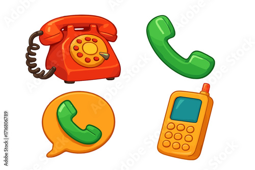 Retro phone icon set. Vintage rotary telephone, old mobile cellphone, call button & handset. Cartoon 3D vector illustration for communication, contact us, support concepts.