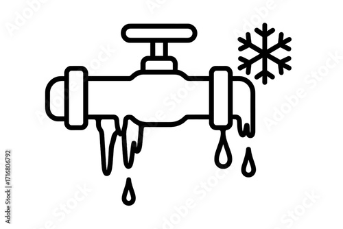 Frozen pipe burst winter icon. Water pipe with ice, icicles, and leak. Plumbing problem concept. Cold weather, freezing temperature damage. Vector outline symbol illustration.