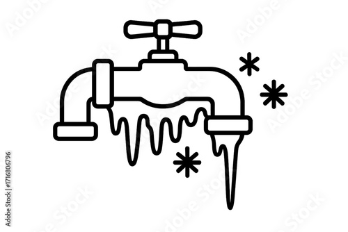 Frozen pipe and water tap with icicles. Winter plumbing problem concept icon. Cold weather, freezing temperature, home maintenance, and heating system failure illustration.