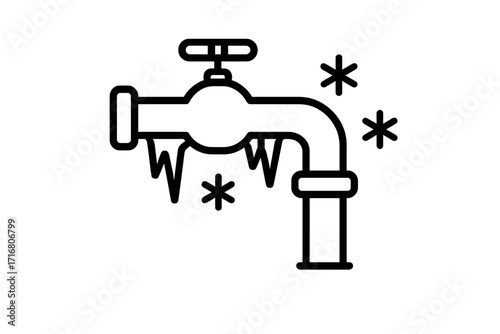 Frozen pipe outline icon for plumbing service. Winter heating system problem. Water pipe with icicles, frost damage concept. Cold weather emergency repair vector symbol.